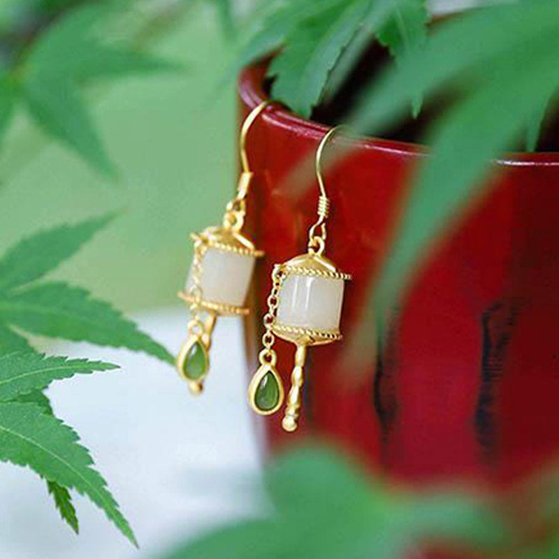 Buddha Stones 925 Sterling Silver Jade Prayer Wheel Luck Drop Earrings - image 1