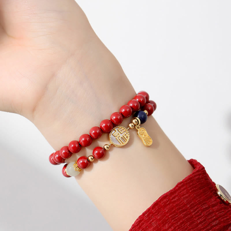 Buddha Stones 925 Sterling Silver Cinnabar Tridacna Stone Fu Character Double Wrap Blessing Bracelet - image 6