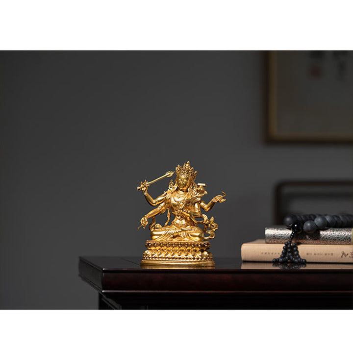 Buddha Stones Four-armed Manjusri Bodhisattva Gold Figurine Compassion Serenity Copper Statue Home Decoration - image 13