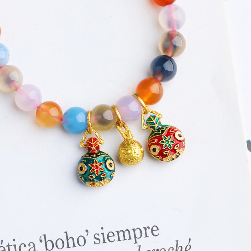 Buddha Stones Colorful Candy Agate Gold Swallowing Beast Family Peach Harmony Charm Bracelet - image 3
