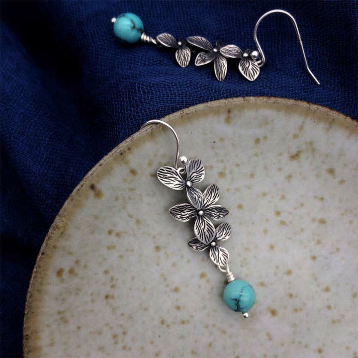 Buddha Stones 925 Sterling Silver Turquoise Lazurite Flower Leaf Serenity Protection Hook Drop Dangle Earrings - image 4