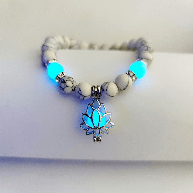 Buddha Stones Tibetan Turquoise Glowstone Luminous Bead Lotus Protection Bracelet - White Turquoise Blue Light - image 0