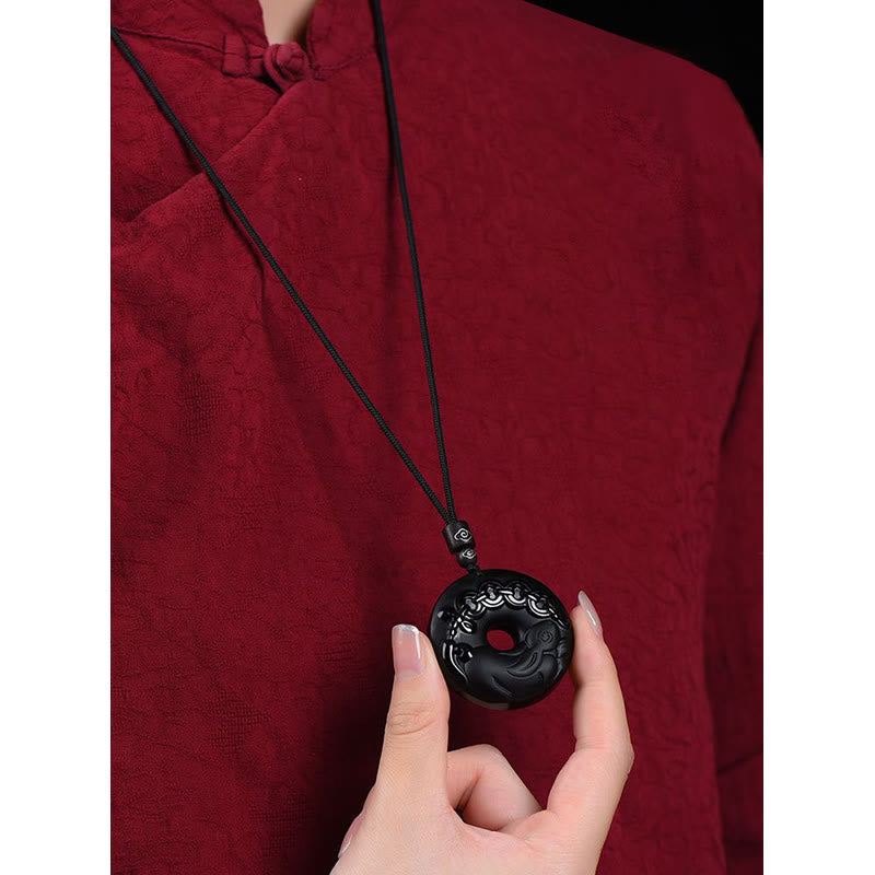 Buddha Stones Chinese Zodiac Natural Black Obsidian Peace Buckle Strength Necklace Pendant - image 10
