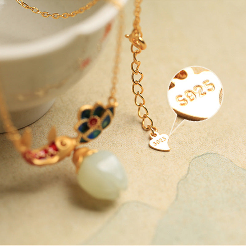 Buddha Stones White Jade Koi Fish Lotus Copper Protection Necklace Pendant - image 6