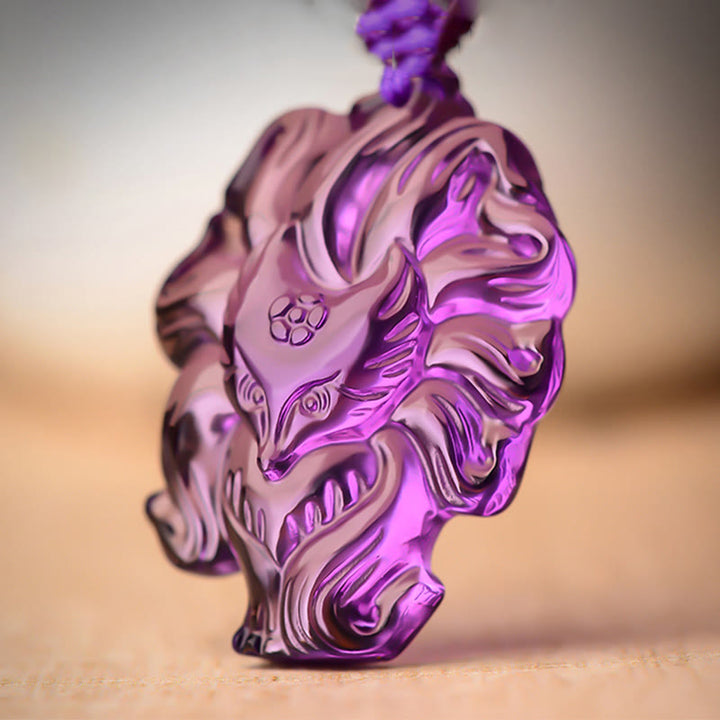 Buddha Stones Natural Amethyst White Crystal Citrine Nine Tailed Fox Luck Necklace Pendant - image 2