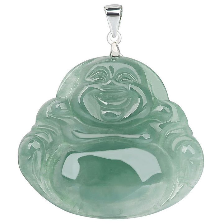 Buddha Stones Laughing Buddha Jade Protection Calm Titanium Steel Chain Necklace Pendant - image 9
