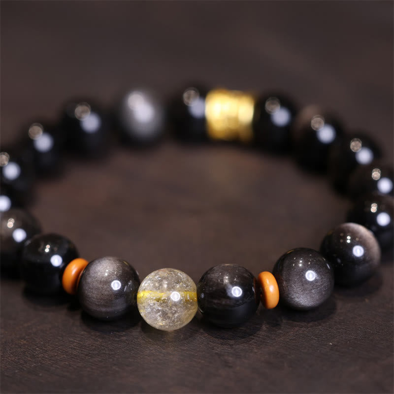 Buddha Stones Natural Silver Sheen Obsidian Crystal Om Mani Padme Hum Bead Protection Bracelet - Silver Sheen Obsidian Golden Rutilated Quartz - image 4