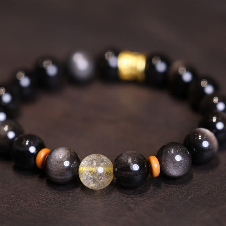 Buddha Stones Natural Silver Sheen Obsidian Crystal Om Mani Padme Hum Bead Protection Bracelet - Silver Sheen Obsidian Golden Rutilated Quartz - image 4