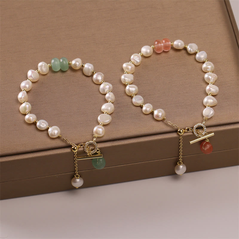 Buddha Stones Pearl Green Strawberry Quartz Bead Healing Chain Bracelet - image 1