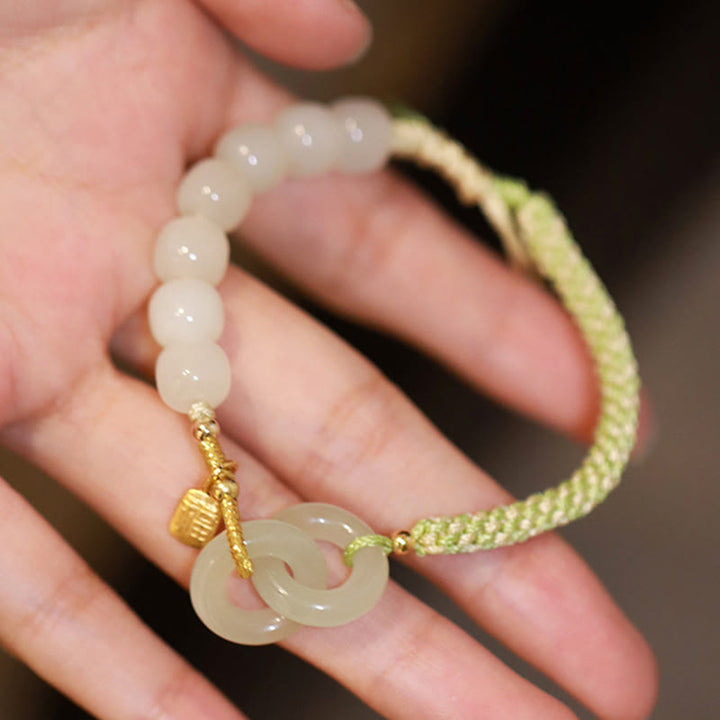 Buddha Stones Natural Hetian Jade Bead Double Peace Buckle Fu Character Abundance Braided Bracelet - image 11