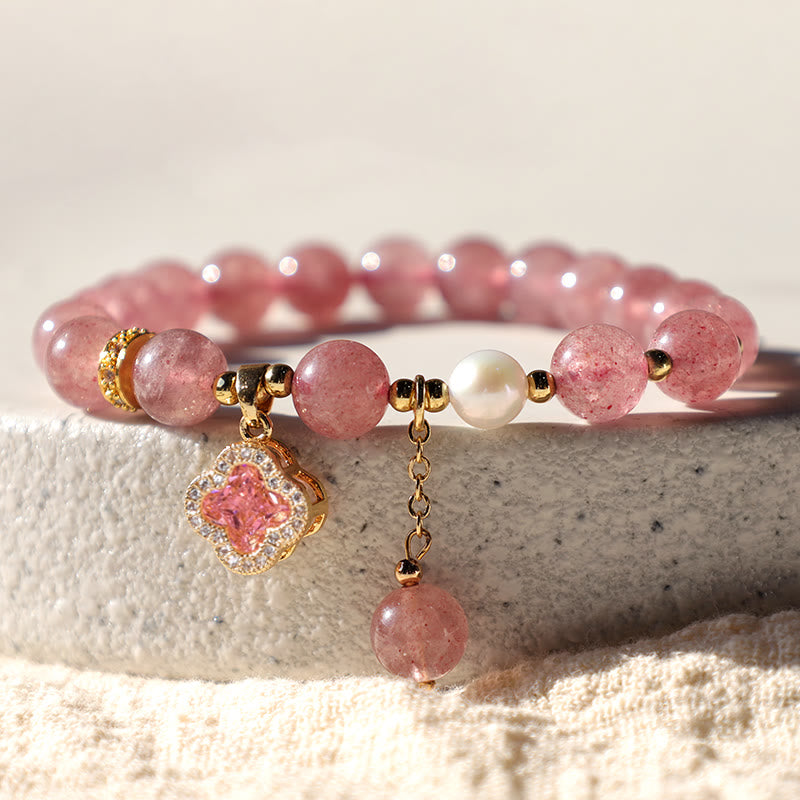Buddha Stones Strawberry Quartz Pearl Four Leaf Clover Charm Healing Bracelet - image 8