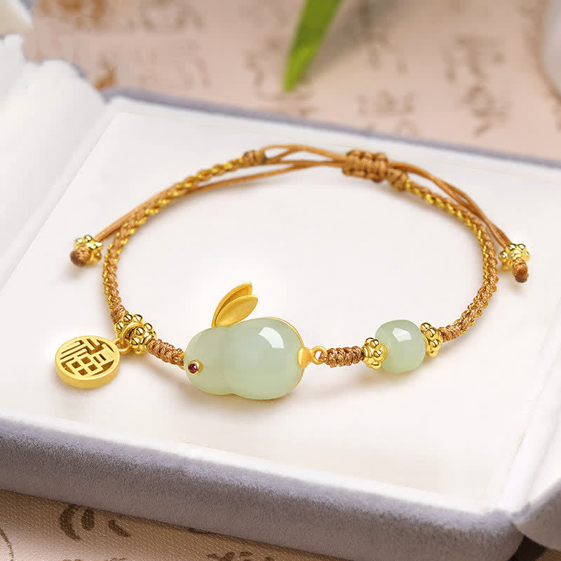 Buddha Stones Year of the Rabbit Hetian Jade Happiness Blessing Wealth String Bracelet - Hetian Jade(Prosperity♥Abundance) - image 0