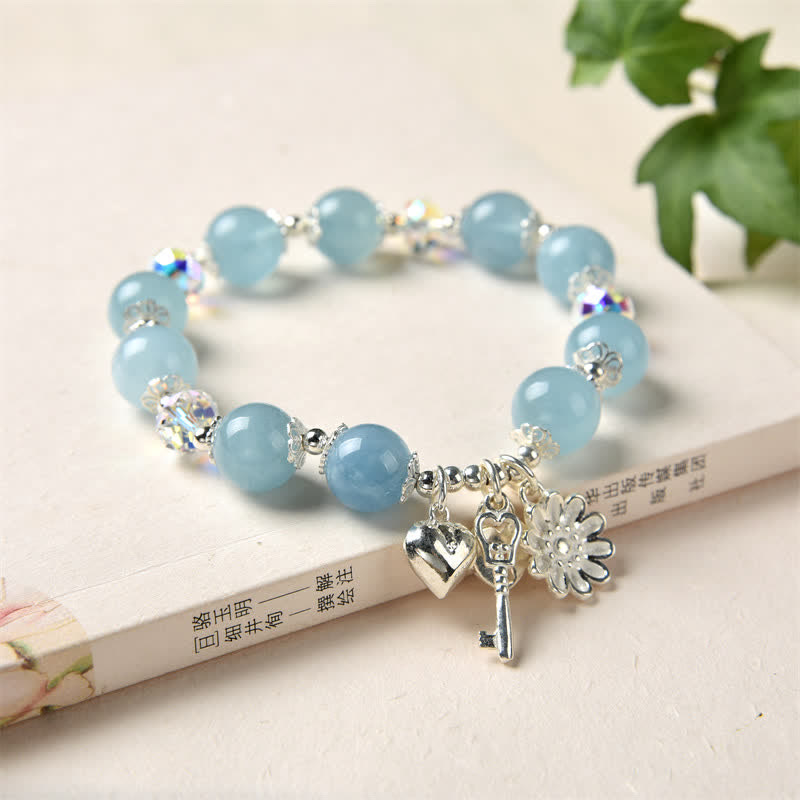 Buddha Stones 925 Sterling Silver Natural Aquamarine Serenity Flower Love Key Charm Bracelet - Aquamarine&925 Sterling Silver - image 0