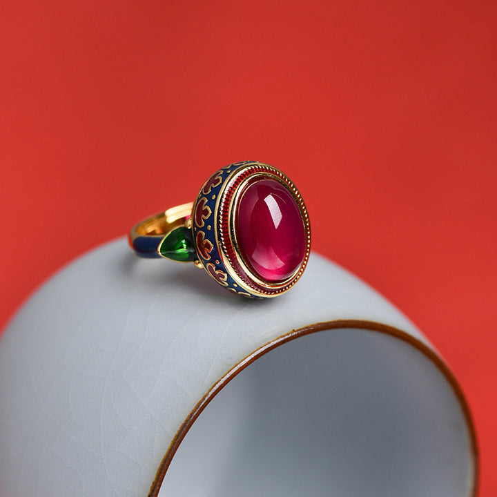 Buddha Stones 925 Sterling Silver Red Corundum Courage Ring - Red Corundum&Flower - image 0