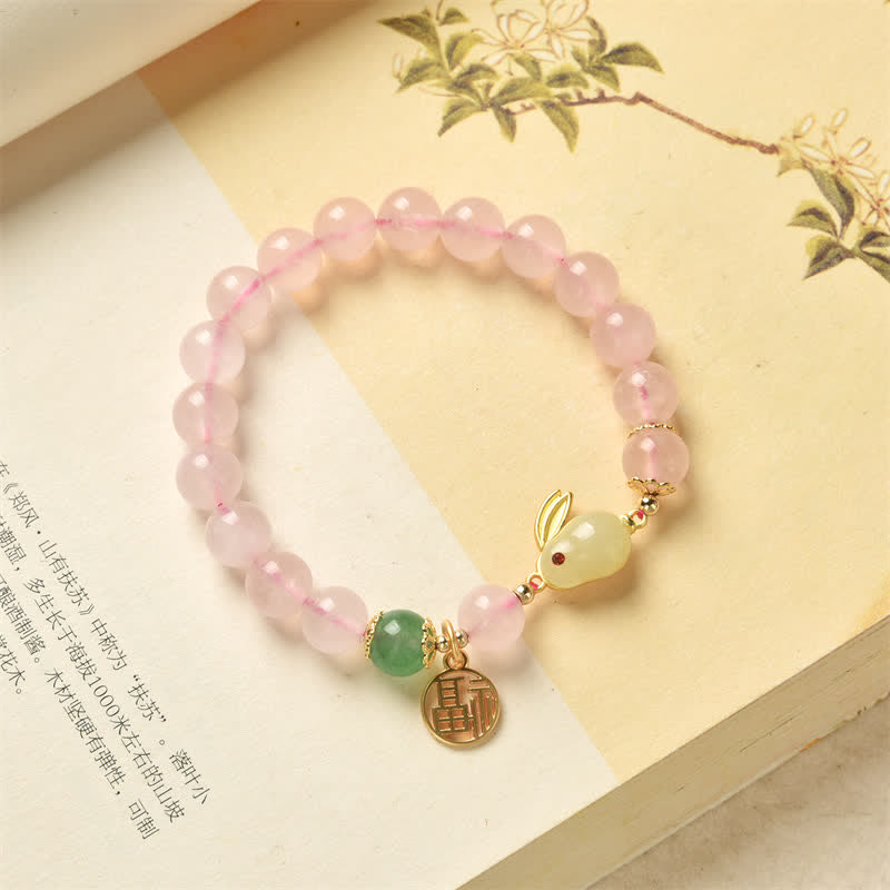 Year of the Rabbit Natural Pink Crystal Green Agate Bunny Love Happiness Bracelet - image 5