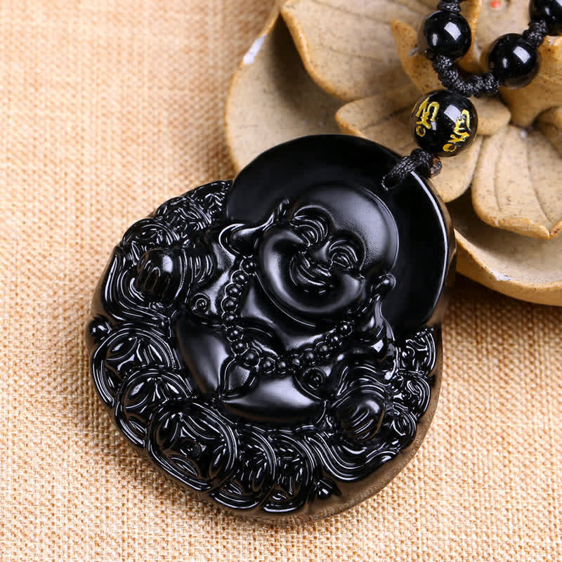 Buddha Stones Laughing Buddha Black Obsidian Strength Protection Pendant Necklace - image 3