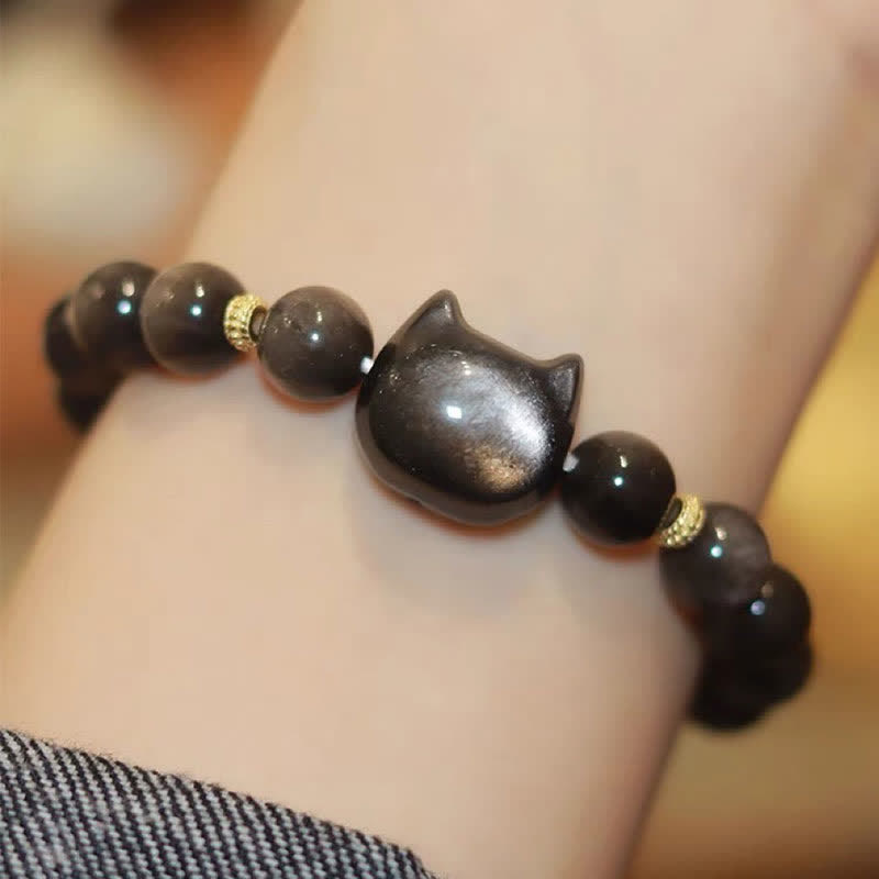 Buddha Stones Gold Sheen Obsidian Silver Sheen Obsidian Lovely Paw Lucky Cat Protection Bracelet - Silver Sheen Obsidian - Cat Head New Edition - 10mm - image 35