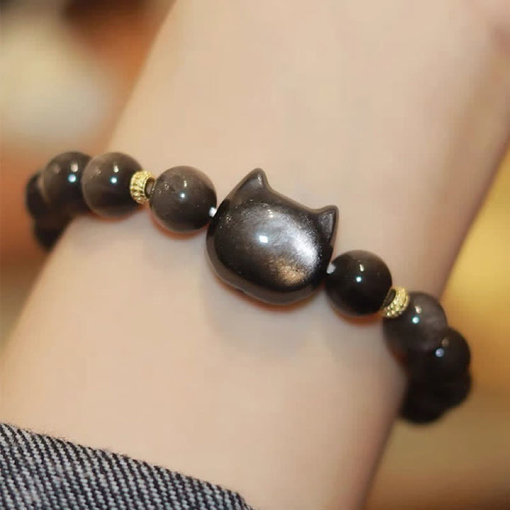 Buddha Stones Gold Sheen Obsidian Silver Sheen Obsidian Lovely Paw Lucky Cat Protection Bracelet - Silver Sheen Obsidian - Cat Head New Edition - 10mm - image 35