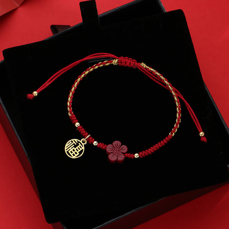 Buddha Stones Cinnabar Flower Fu Character Blessing Braided String Bracelet - Cinnabar(Calm♥Concentration)(Bracelet Size 14-24cm) - image 0