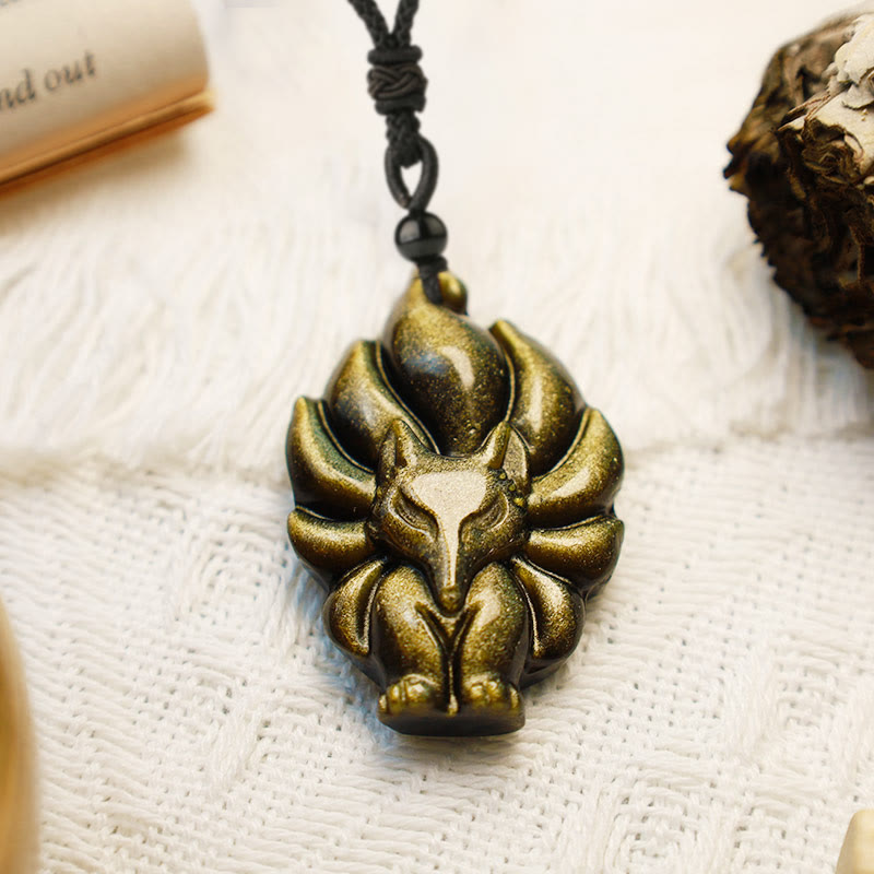 Buddha Stones Natural Fluorite Gold Sheen Obsidian Fox Pendant Protection Necklace - image 8