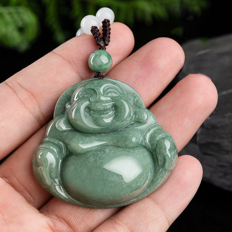 Buddha Stones Laughing Buddha Cyan Jade Harmony Necklace String Bead Pendant - image 3