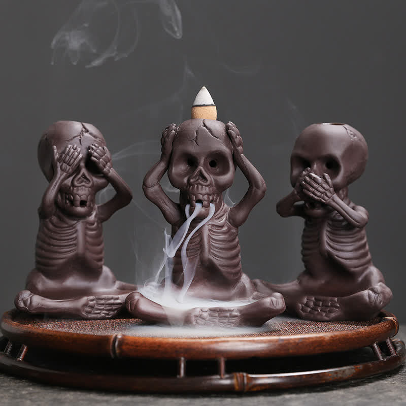 Buddha Stones Little Skull Ghost Purple Clay Backflow Smoke Fountain Peace Incense Burner Decoration - 3Pcs Little Ghost(Don't Look&Don't Speak&Don't Listen) - image 1