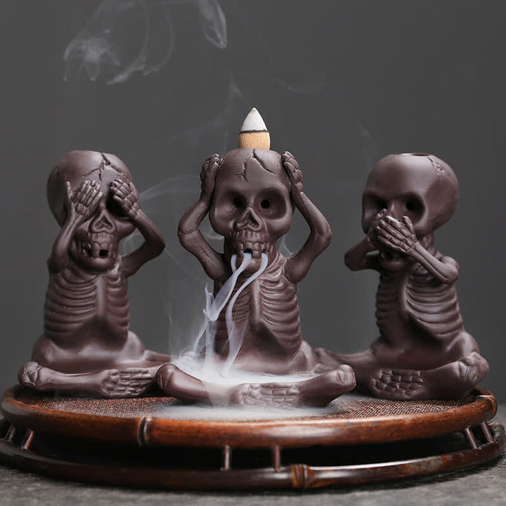 Buddha Stones Little Skull Ghost Purple Clay Backflow Smoke Fountain Peace Incense Burner Decoration - 3Pcs Little Ghost(Don't Look&Don't Speak&Don't Listen) - image 1