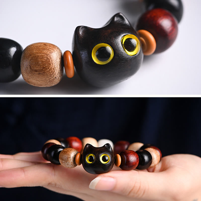 Buddha Stones Small Leaf Red Sandalwood Ebony Wood Cute Cat Engraved Protection Bracelet - image 14