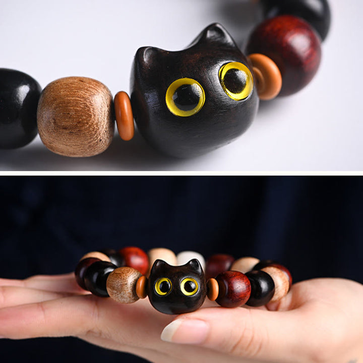 Buddha Stones Small Leaf Red Sandalwood Ebony Wood Cute Cat Engraved Protection Bracelet - image 14