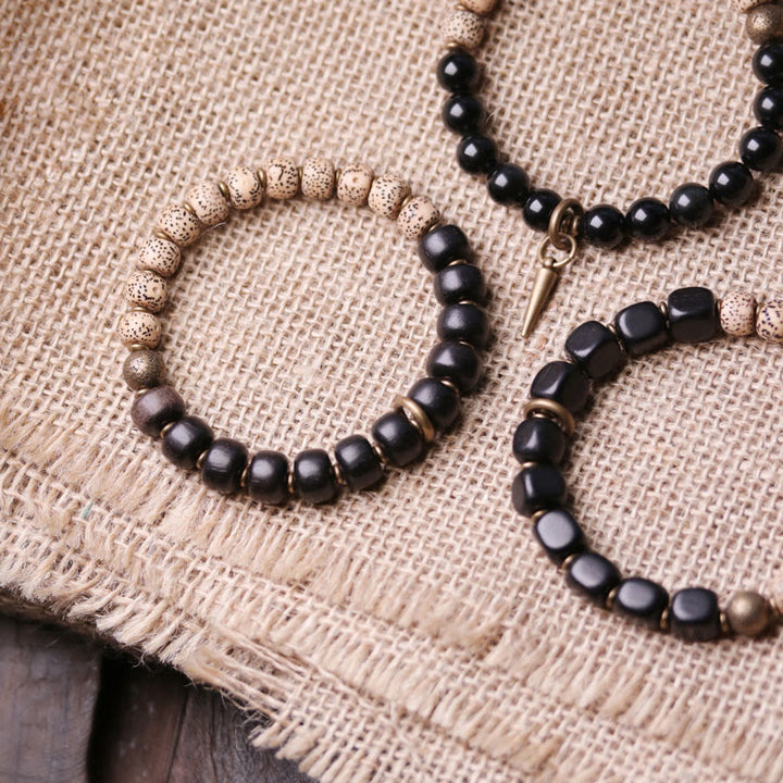 Buddha Stones Tibetan Bodhi Seed Black Obsidian Ebony Wood Copper Peace Bracelet - image 3