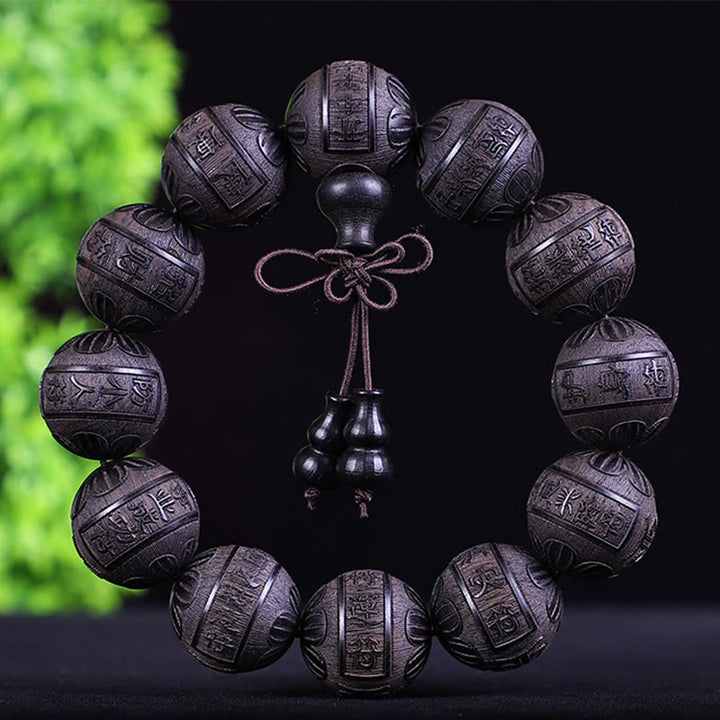 Buddha Stones Chinese Zodiac Rosewood Ebony Copper Coin PiXiu Carved Warmth Bracelet - African Blackwood Twelve Blessings - image 13