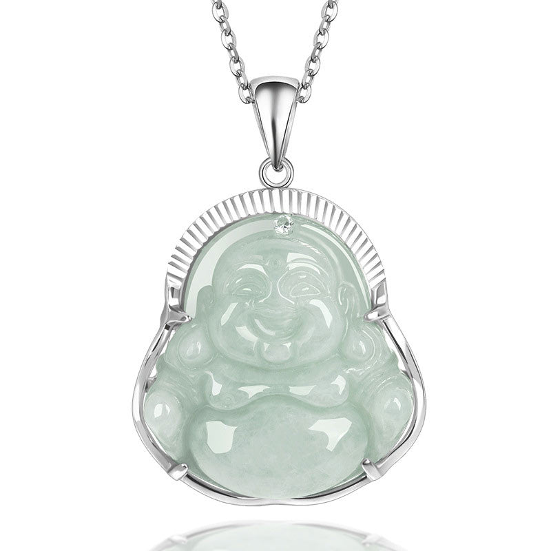 Buddha Stones Laughing Buddha Jade Luck Calm Titanium Steel Chain Necklace Pendant - Jade - image 0