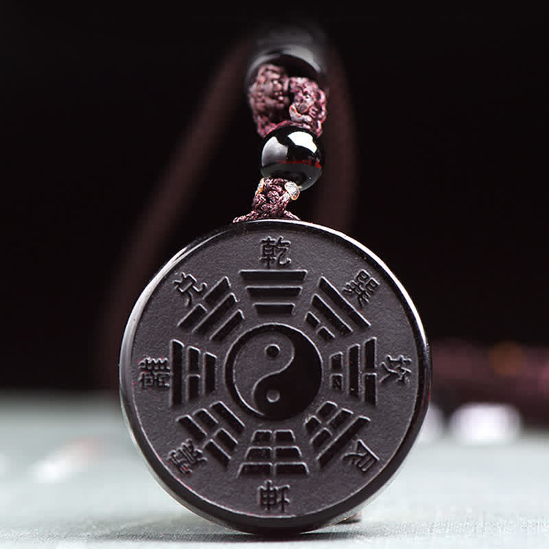 Buddha Stones Black Obsidian Bagua Yin Yang Strength Necklace Pendant - image 2