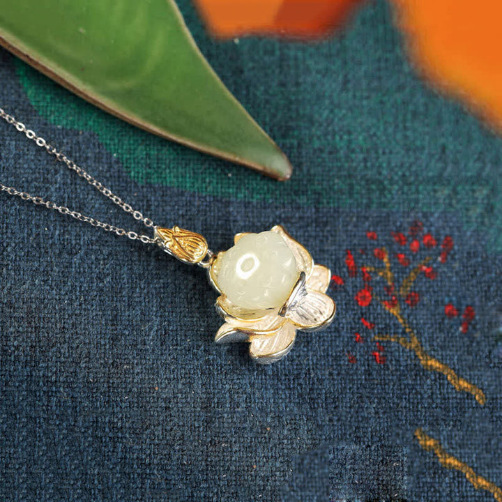Buddha Stones White Jade Lotus Flower Happiness Necklace - image 6