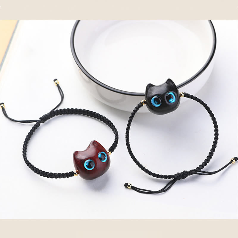 Buddha Stones Small Leaf Red Sandalwood Ebony Wood Cute Cat Head Calm Protection Braided Bracelet - image 18