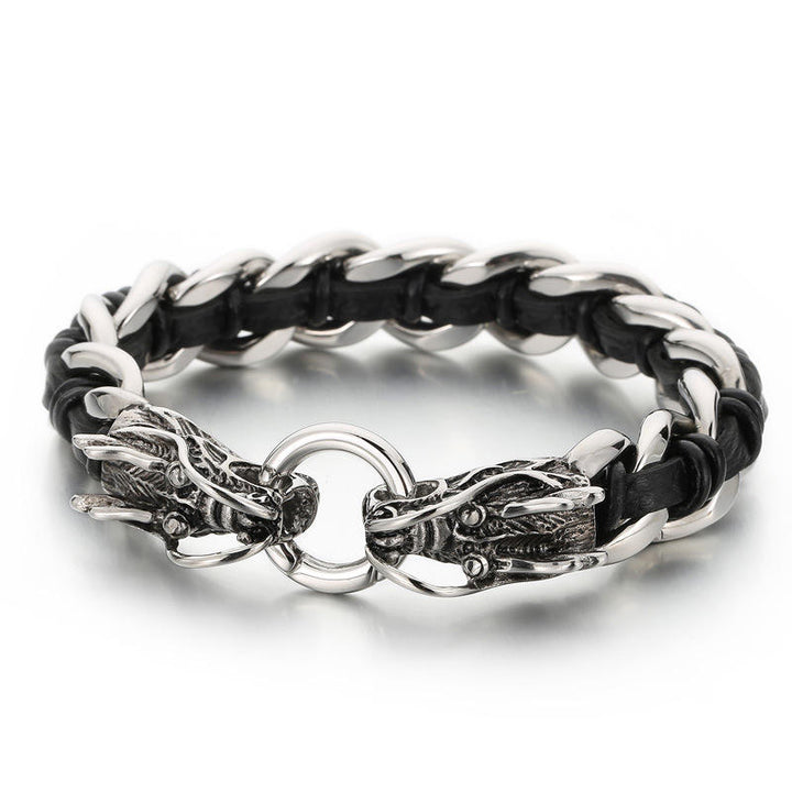 Buddha Stones Dragon Leather Titanium Steel Protection Luck Braided Bracelet - Black - image 0