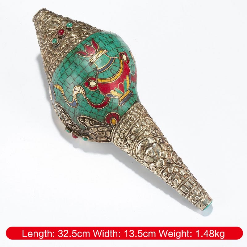 Buddha Stones Tibetan Handmade Engraved Shankha Double Dorje Buddha Conch Shell Wealth Positive Decoration - Eight Auspicious Symbols Vase 32.5*13.5cm - image 13
