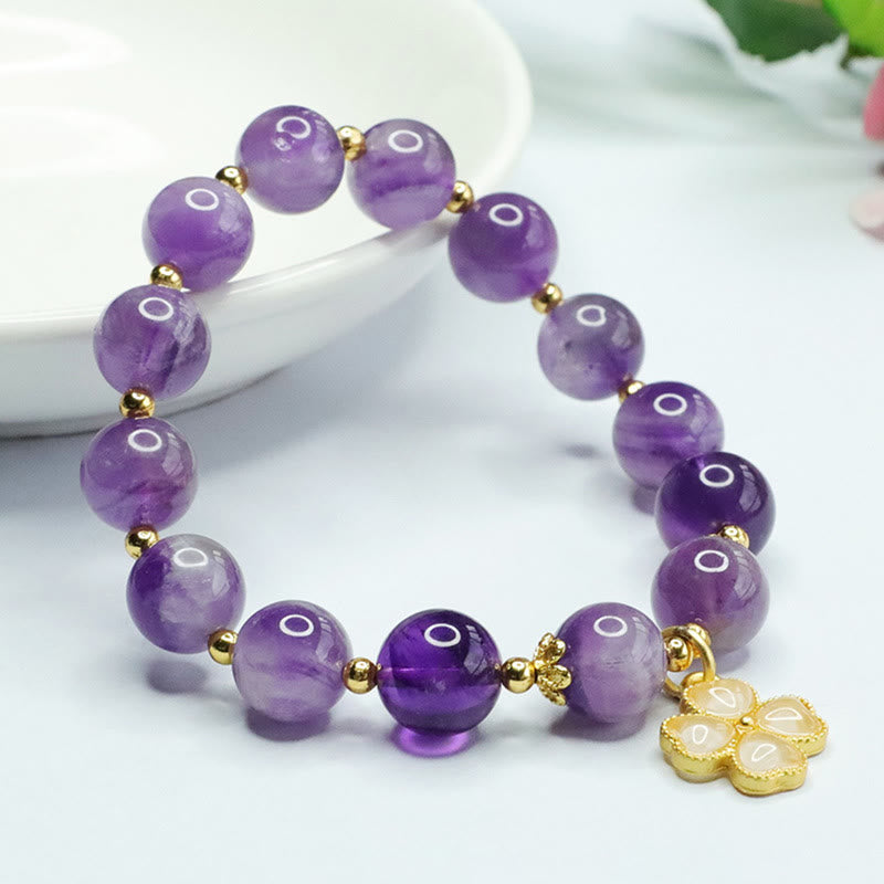Buddha Stones Natural Amethyst Crystal Inner Peace Four Leaf Clover Charm Bracelet - image 1