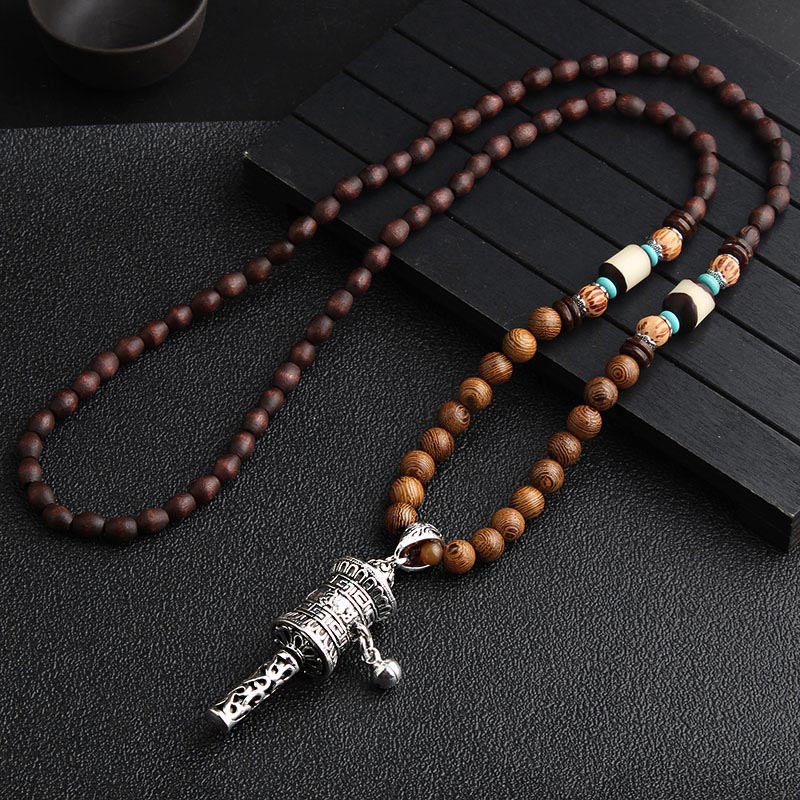 Buddha Stones Turquoise Dzi Bead Prayer Wheel Wenge Wood Meditation Necklace - Silver Prayer Wheel - image 7