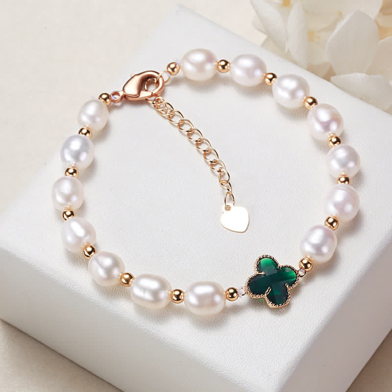 Buddha Stones Pearl Four Leaf Clover Wealth Chain Bracelet - Dark Green Four Leaf Clover - image 13