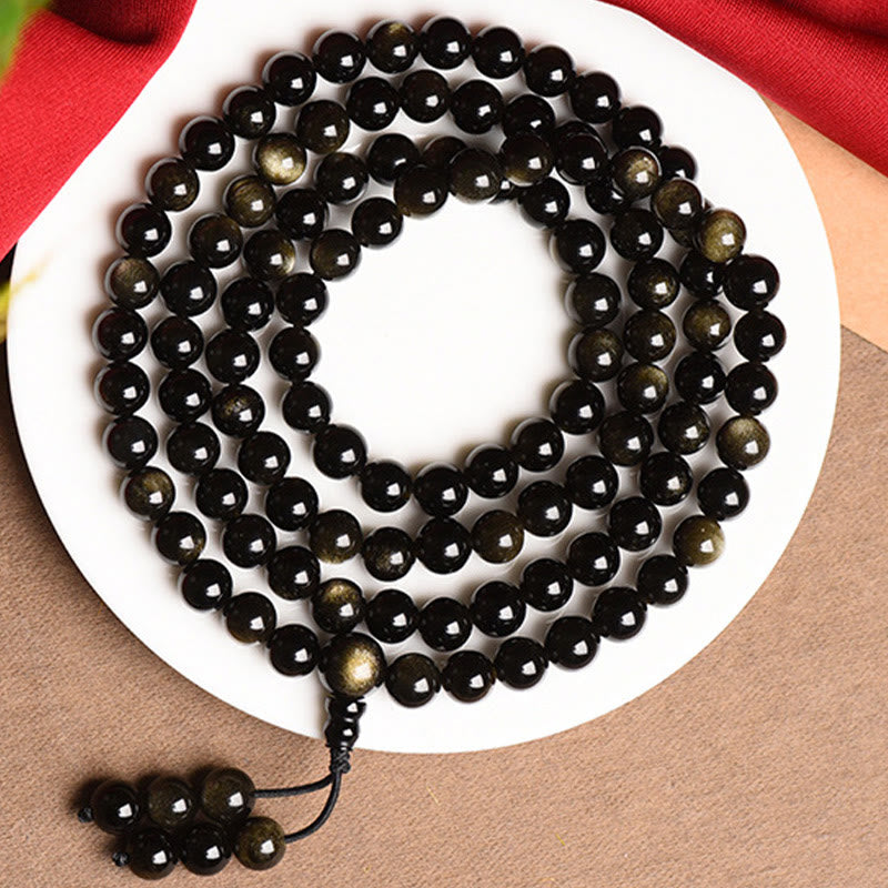 Buddha Stones 108 Mala Beads Natural Gold Sheen Obsidian Wealth Bracelet - image 7