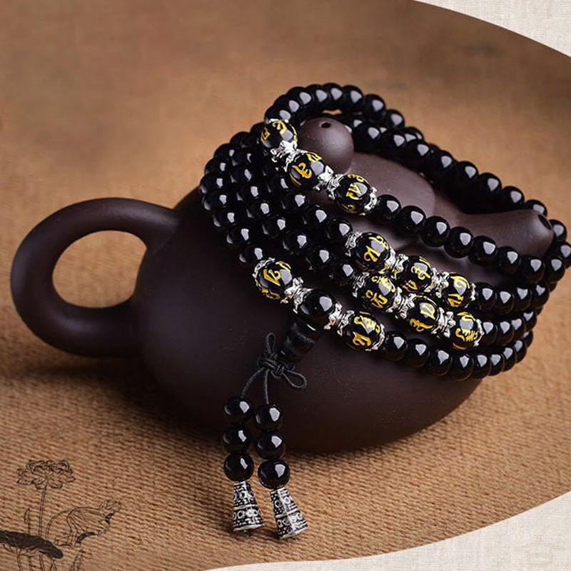 Buddha Stones Black Obsidian Six True Words Protection Mala Bracelet - image 5