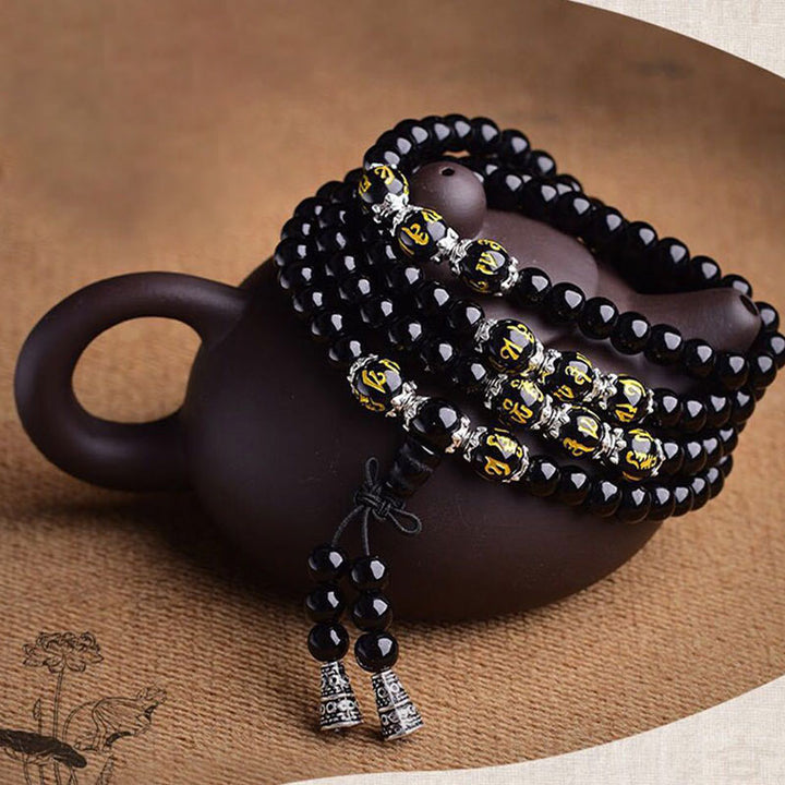 Buddha Stones Black Obsidian Six True Words Protection Mala Bracelet - image 5