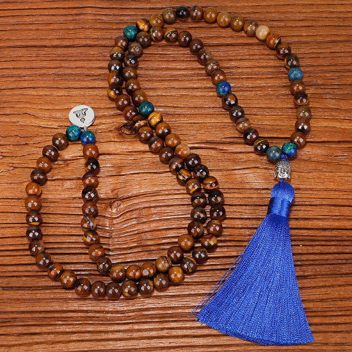 Buddha Stones 108 Mala Beads Tiger Eye Buddha Strength Bracelet Tassel Necklace Pendant - Mala - image 4