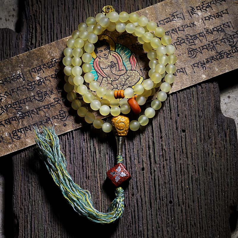 Buddha Stones 108 Mala Beads Tibet Sheep Horn Amber Luck Bracelet - 8mm - image 0