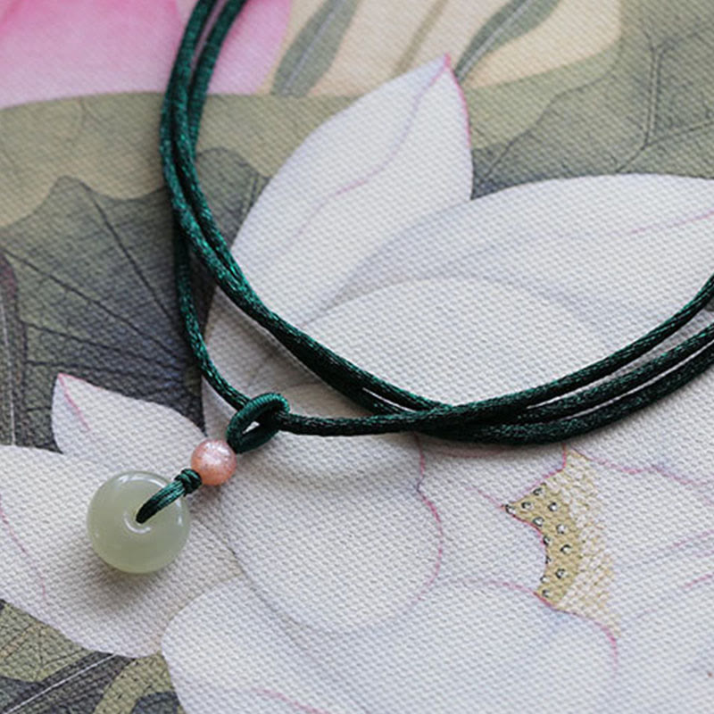 Buddha Stones Natural Round Jade Peace Buckle Lotus Abundance String Necklace Pendant - image 3