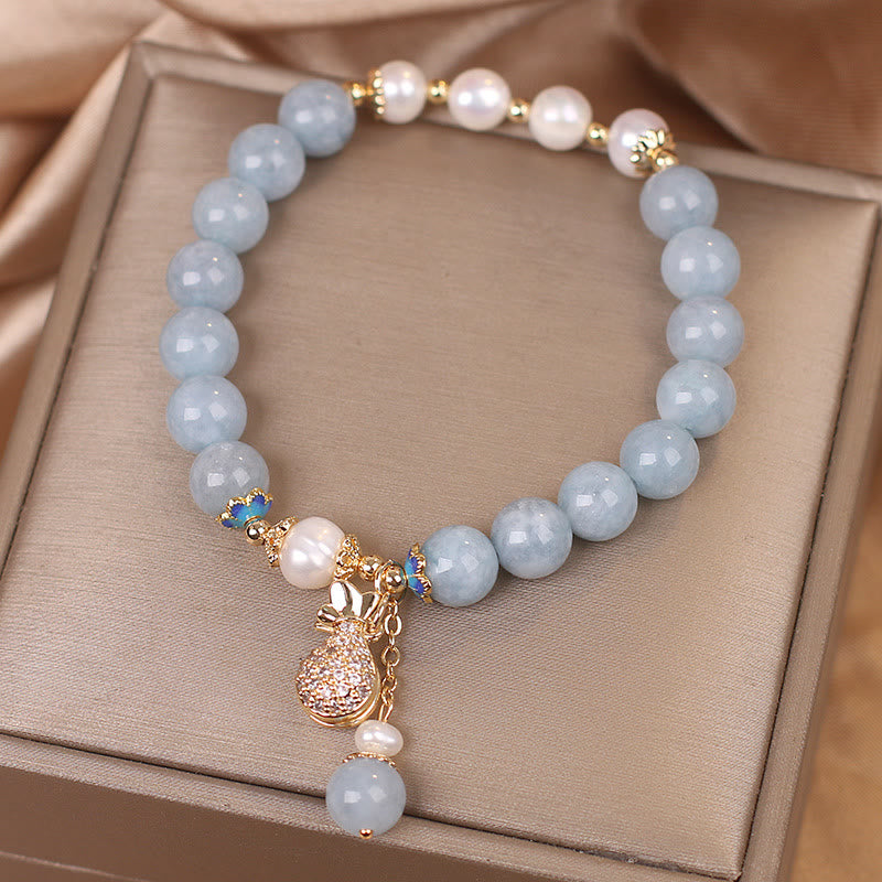 Buddha Stones Aquamarine Pearl Fortune Money Bag Charm Bracelet - image 6