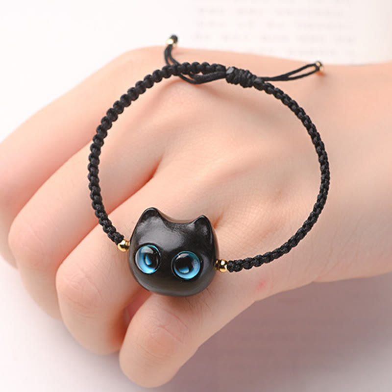 Buddha Stones Small Leaf Red Sandalwood Ebony Wood Cute Cat Head Calm Protection Braided Bracelet - image 13