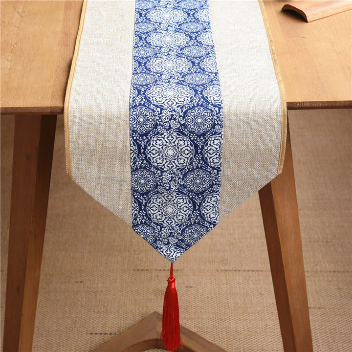 Buddha Stones Classic Chinese Style Lotus Koi Fish Flower Crane Calligraphy Enlightenment Cotton Linen Tassels Table Runner - image 23