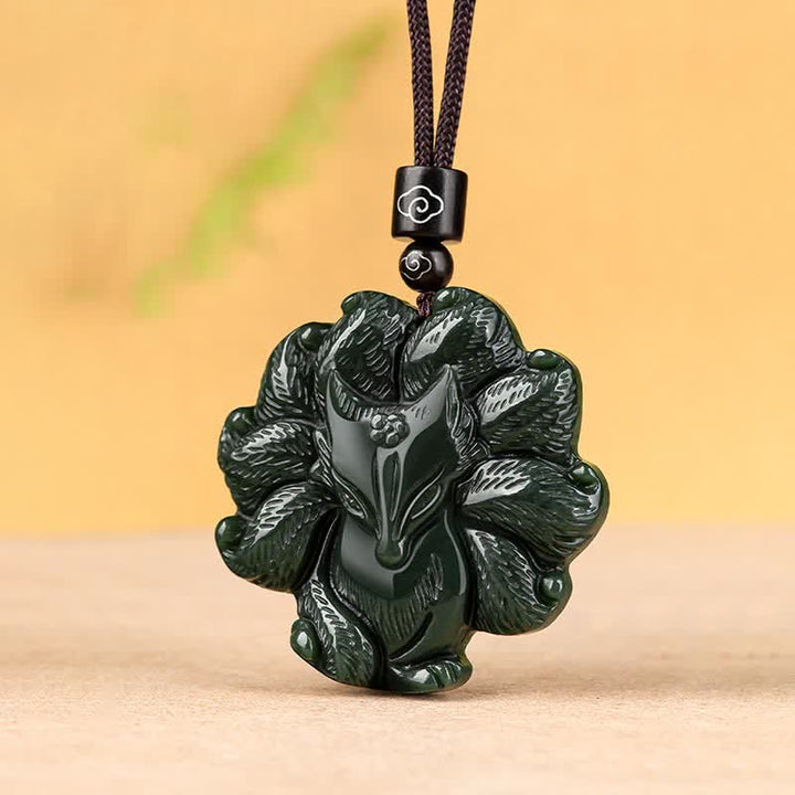 Hetian Cyan Jade Nine Tailed Fox Luck Necklace String Pendant - image 9